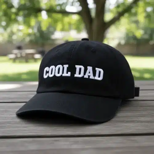 Black unstructured cotton dad hat with COOL DAD embroidery, curved brim and adjustable metal strap