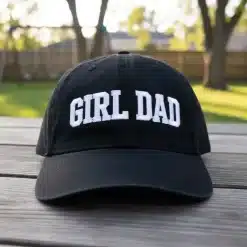 Black cotton dad hat with white GIRL DAD embroidery and adjustable metal buckle, size 55–60 cm