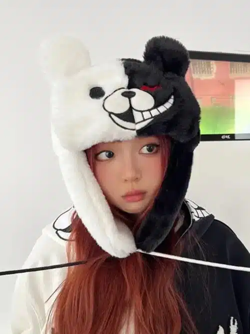 Y2K Black Whiter Bad Bear Ushanka Hat